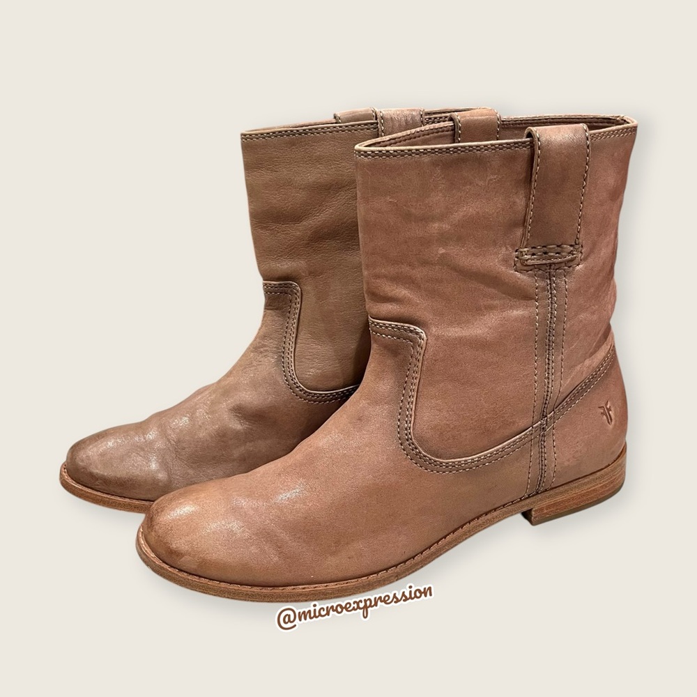Frye Anna Short Tan Leather Pull On Ankle Boots - Picture 11 of 15